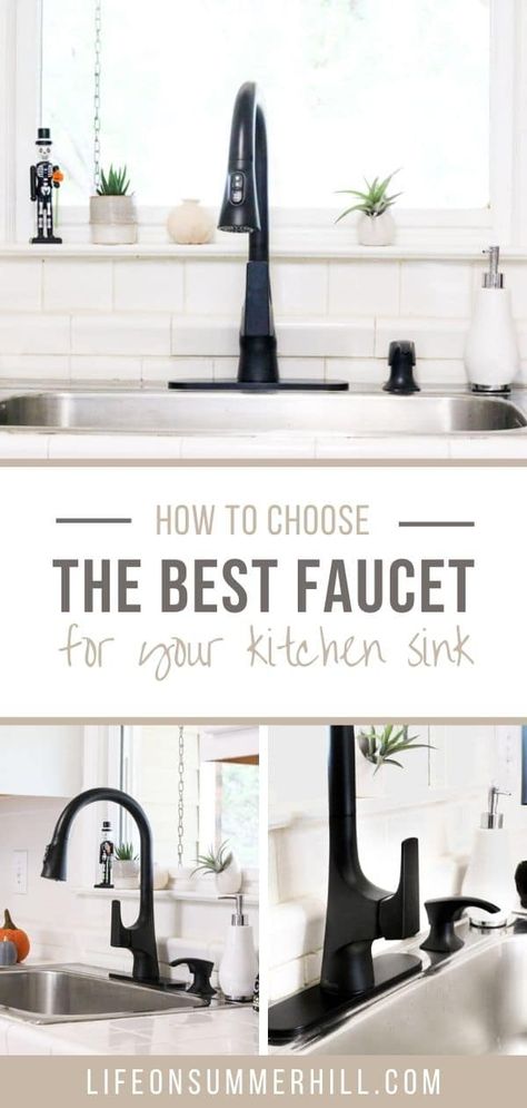 Oil Rubbed Bronze Kitchen Faucet With Stainless Sink, Touch Faucet Kitchen Sinks, Kitchen Sinks With Black Faucets, Unique Faucets Kitchen, Best Kitchen Faucets For Farmhouse Sink, Farmhouse Sink Faucet Ideas, Black Kitchen Sinks And Faucets, Kitchens With Black Faucets, Black Faucet With Stainless Sink