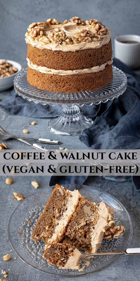 This delicious coffee and walnut cake is both vegan and gluten-free (or can be made with gluten if you prefer).

It is soft and moist, with a lovely coffee flavour, coffee buttercream and walnuts. It can also be made as a small batch 15cm cake, or a full sized 20cm one. Berry Trifle Recipe, Vegan Coconut Cake, Oil Cake Recipe, Gluten Free Coffee Cake, Chocolate Olive Oil Cake, Olive Oil Cake Recipe, Gluten Free Coffee, Coffee And Walnut Cake, Cake Pizza