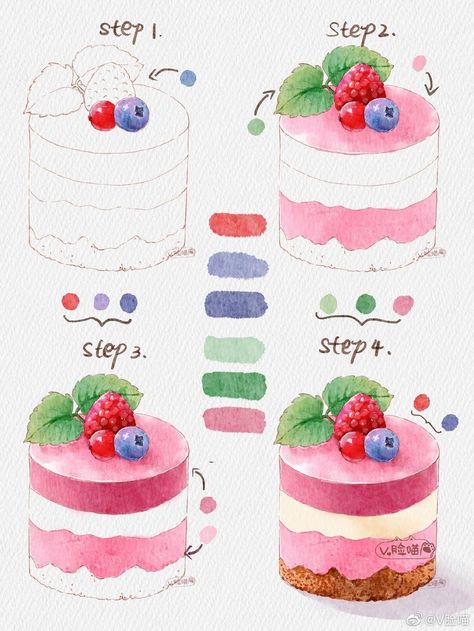 Watercolor Art Food Step By Step, Food Watercolor Step By Step, Food Painting Aesthetic, Watercolor Food Tutorials, Food Illustrations Watercolor, Drawing Food Easy, Food Illustration Tutorial, Food Drawing Tutorial, Food Painting Watercolor