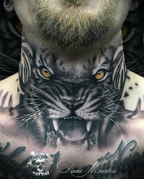 Tiger Neck Tattoo Men, Tiger Throat Tattoo, Tiger Tattoo Neck, Tiger Neck Tattoo, Full Neck Tattoos For Men, Neck And Throat Tattoos Men, Owl Neck Tattoo, Chest Neck Tattoo, Flower Neck Tattoo