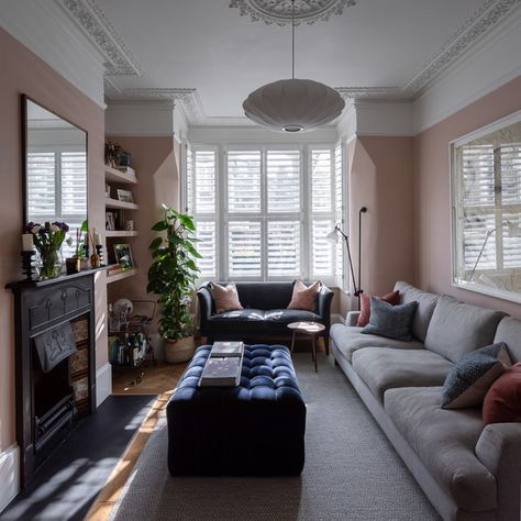 Gillespie Park - Contemporary - Living Room - London - by Cairn | Houzz UK Setting Plaster Living Room, Pink Foyer, Narrow Lounge, Setting Plaster, Long Narrow Living Room, London Living Room, Long Living Room, Victorian Living Room, Victorian Terrace House