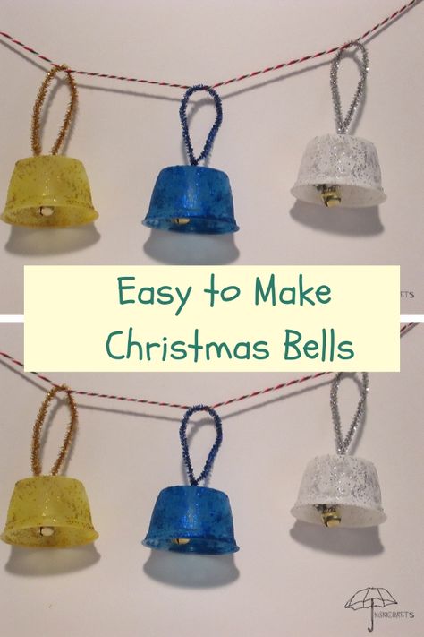 Bell Crafts Preschool, Recycled Christmas Decorations For Kids, Crafts With Bells, Christmas Recycled Crafts, Christmas Bell Crafts, Bell Activities For Preschool, Bell Crafts For Kids, Yogurt Cup Crafts, Christmas Ornament Recycled Materials