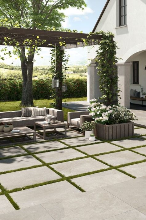 Easy Outdoor Patio Ideas to Update Your Backyard Paver And Stone Patio, Backyard Stone Landscaping, European Backyard Landscaping, Backyard Tile Ideas, European Backyard Ideas, Backyard Paver Ideas, European Backyard, Stone Paver Patio, Stone Patio Ideas