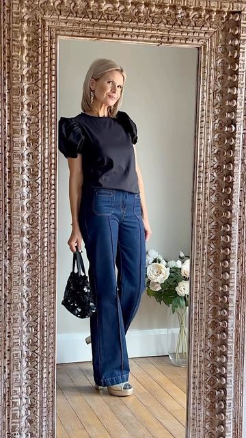 S a r a on Instagram: "Weekending … ✨🖤 • Puff Sleeve Tee @zara • Augusto Indigo Jeans @sezane pr • Taffeta Tie Belt Coat @monsoon (vintage) • Lolita Champagne Platform Heels @paradox_london pr • Sequin Bag @accessorize (old favourite) • Crystal Drop Earrings @anthropologieeu • Coast Tumble Glisten Pavé Toggle Bracelet @kitheathjewellery AD (20% off using WELLIES20 at KitHeath.com) #MyStyle #Outfit #StyleInspo #WeekendStyle #WhatToWear #OutfitInspo #StyleReel #SezaneLovers #SezaneStyle # Sequin Bag Outfit, Platform Heels Outfit, Tie Belt Coat, Belt Coat, Sequin Bag, Indigo Jeans, Heels Outfits, Pattern Ideas, Toggle Bracelet