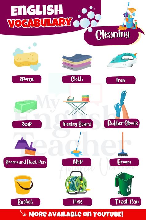 English Vocabulary about cleaning supplies. Video lesson available on my youtube channel. Cleaning Vocabulary, English Skills, Esl Resources, Learning English Online, Cleaning List, Esl Teachers, Improve Your English, Ways Of Learning, Teaching Jobs