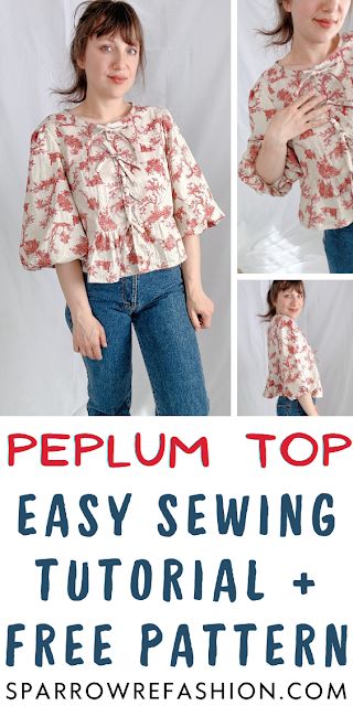 Tie Front Blouse - Sewing Tutorial with Free Pattern - Sparrow Refashion: A Blog for Sewing Lovers and DIY Enthusiasts Couture, Blouse Pattern Sewing Free, Beginner Dress Pattern, Tie Front Top Pattern, Shirt Sewing Patterns, Tie Blouse Pattern, Pattern Top Sewing, Top Sewing Patterns, Long Sleeve Shirt Pattern