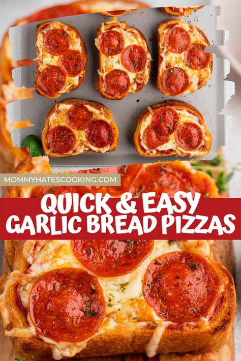 Garlic Bread Pizza Sandwiches, Pizza With Garlic Bread, French Bread Pizza With Frozen Garlic Bread, Home Pizza Ideas, Cheesy Garlic Bread Pizza, Texas Toast Garlic Bread Pizza, French Bread Pizzas Easy, Cheesy Bread Pizza, Pizza On Garlic Bread