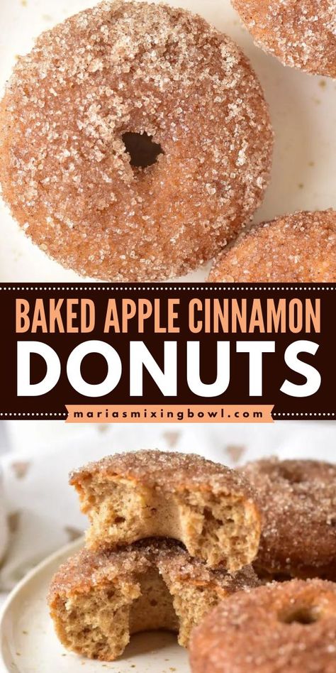 A fall breakfast food featuring cake donuts! You'll want them as a simple fall dessert. Soft and tender with a classic flavor combo, these Baked Apple Cinnamon Donuts are so good. Save this easy fall recipe! Baked Cake Mix Donut Recipe, Cake Mix Donuts Recipe, Cake Donuts Baked, Baked Apple Cinnamon, Baked Doughnut Recipes, Cake Mix Donuts, Easy Dough, Doughnut Recipe Easy, Cake Donuts Recipe