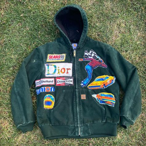 One of One New York on Instagram: “Carhartt x Dior x NASCAR lined duck jacket made with vintage made in the USA Sears curtains size XL available now for $225 🏎🏎🏎” Reworked Jacket, Reworked Fashion, Duck Jacket, Reworked Clothes, Reworked Clothing, Patchwork Clothes, Fairy Clothes, Repurposed Clothing, Student Fashion