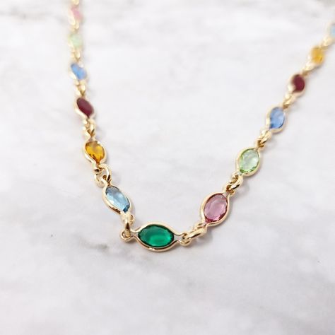 Vibrant gemstone crystals nestled amongst 18ct gold vermeil links. This piece is a real crowd pleaser and will add youthful fun to your attire.  Immerse yourself in the symbolism of each carefully selected gemstone, artfully arranged to create a mesmerizing tapestry of colours. This Colourful Gem Stone Necklace is not just an accessory; it's a celebration of individuality and vibrancy.  This jewellery arrives beautifully packaged and ready to gift. It would make a really thoughtful and meaningfu Cheap Multicolor Natural Stones Necklace, Gem Necklaces, Gem Stone Necklace, Gold Crystal Necklace, Multi Gemstone Necklace, Bezel Necklace, Gem Necklace, Demi Fine Jewelry, Crowd Pleaser