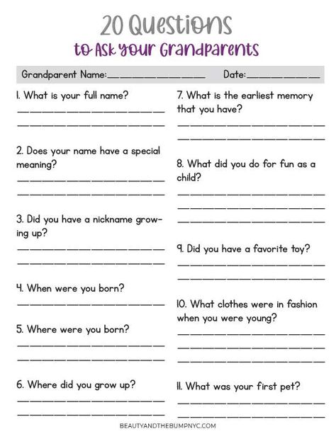 20 Questions Kids Should Ask Their Grandparents Interview Questions For Grandparents, Grandparent Interview Questions, Questions For Grandparents, Family History Printables, Grandparents Day Activities, Grandma Journal, Grandparents Activities, Conversation Starters For Kids, Interview Questions To Ask