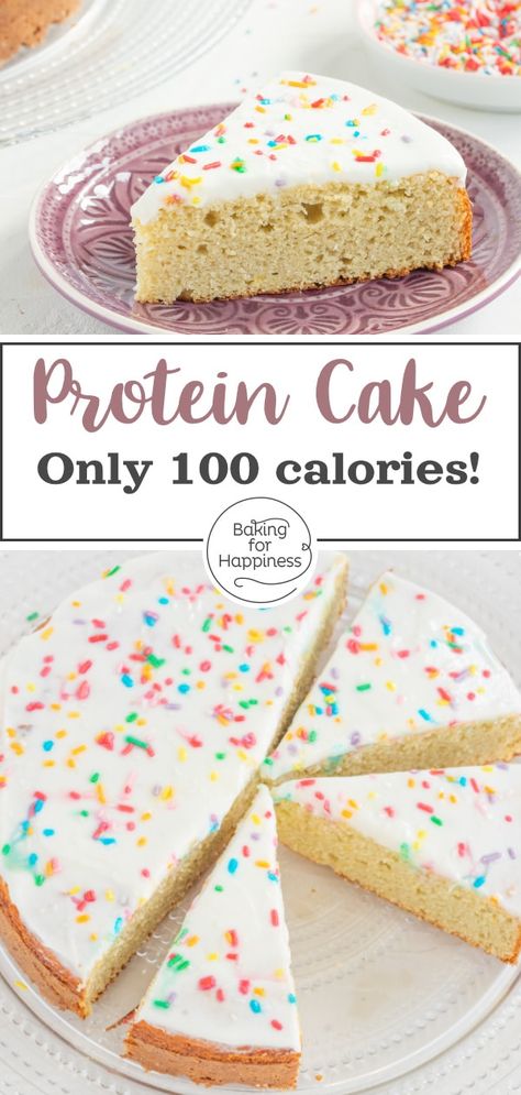 This vanilla protein cake tastes good even if you're not on a diet. Only 100 calories per slice, but really delicious! High Protein Cake Recipes, Bariatric Cake Recipes, Bariatric Birthday Cake, Healthy Protein Cake, Vanilla Protein Dessert Recipes, High Protein Low Calorie Baking, Vanilla Protein Desserts, High Protein Birthday Cake, Vanilla Protein Powder Recipes Desserts