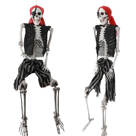 PRICES MAY VARY. 👻 Life Size Skeleton: Our life-size pirate style skeleton comes dressed in a costume, pirate bandana and eye patch. The Life-size and realistic looking make it look like a human skeleton, which can be used to dress up to add a creepy fear factor to your Halloween and Day of the Dead decorations. 🎃 Movable Joints: The scary skeleton is approximately 5.4 feet tall and is made of durable plastic. All skeletal joints are movable and adjustable, allowing you to easily place body pa Plastic Skeleton Dressed Up, Skeleton Halloween Decorations Yards, Scary Halloween Yard, Skeleton For Halloween, Pirate Halloween Decorations, Day Of The Dead Decorations, Life Size Skeleton, Pirate Props, Indoor Halloween Decor