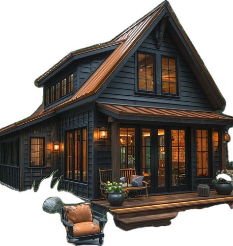 Black And Wood Barndominium Exterior, Modern But Cozy House, Lakehouse Barndominium, Small Lodge Style Homes, Barndo Cabin, Small Barndominium Interior, Small Barndominium Ideas Exterior, Lodge Style Homes, Cabin With Garage