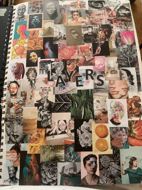 Layers inspiration title page - GCSE art A Level art College art Art and Design Croquis, Looking Through Layers Art Gcse, Layers A Level Art, Gcse Art Layers 2023, Fine Art A Level, Layers Textiles Gcse, Gcse Art Collage Page, Alevel Photography Book, Moodboard A Level Art