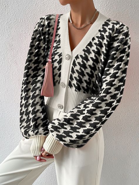 Black and White Casual Collar Long Sleeve Fabric Houndstooth  Embellished Medium Stretch  Women Clothing Áo Len Cardigan, Knitted Cardigan Sweater, Cardigan Casual, Cardigan Sweater Coat, Legging Sport, Houndstooth Pattern, Knitted Cardigan, Lantern Sleeve, Cropped Cardigan