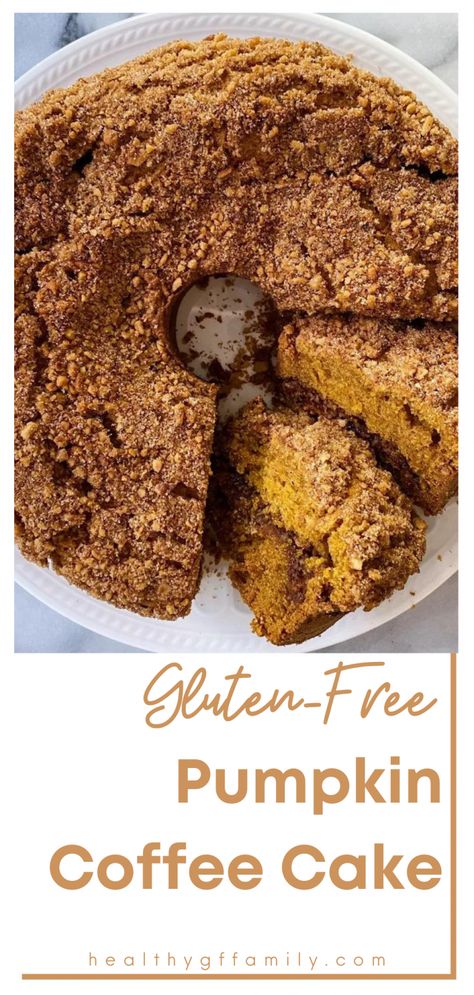 Gluten-Free Pumpkin Coffee Cake – healthyGFfamily.com Gf Pumpkin Coffee Cake, Gluten Free Octoberfest Food, Gluten Free Pumpkin Coffee Cake Recipe, Gluten Free Pumpkin Spice Cake Recipe, Dairy Free Pumpkin Coffee Cake, Gluten Free Pumpkin Breakfast Recipes, Gluten Free Pumpkin Crumb Cake, Gluten Free Pumpkin Crisp, Pumpkin Cake Gluten Free