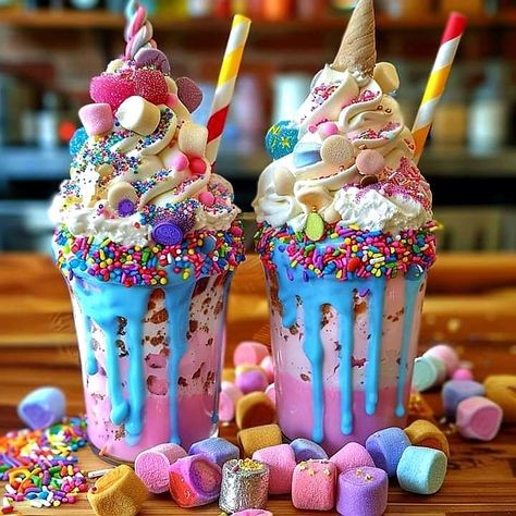 Crazy Shakes, Rainbow Drinks, Street Food Design, Amazing Food Platters, Rainbow Ice Cream, Colorful Desserts, Candy Drinks, Yummy Ice Cream, Kawaii Cooking