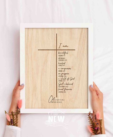 "Baptism Gift Girl, Personalized PRINTABLE, Baby Girl Gift, Nursery Wall Art, Godchild Baptism Sign Dedication Gift, Nursery Decor, Christian, Goddaughter, cross Baptism ----------------------------------------------------------------------------- I am: Great reminder of who you are in Christ this day forth and everyday ♥ This print contains 8 important bible verses on identity. We want you to be reminded everyday of your life of the truth of who you are. Only through knowing your God-given iden Important Bible Verses, Baby Dedication Gifts, Dedication Ideas, Christian Baptism, Bible Verse Canvas, Baby Dedication, Baby Baptism, Baptism Party