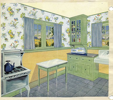 Vintage 1920 kitchen  Found this in an old scrapbook for a 1930 high school Home Ec assignment. I love the green, yellow, and steel blue color scheme. See more 1920s vintage kitchens on Antique Home & Style. Kitchen With Green Cabinets, 1920 Kitchen, Cardboard Kitchen, 1920s Home Decor, 1920s Interior, 1920s Kitchen, Cocina Shabby Chic, 1920s Interior Design, Vintage Style Kitchen