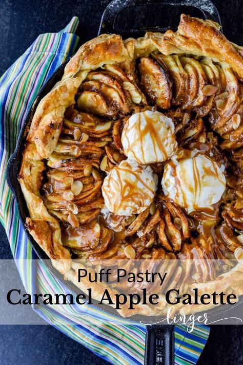 A Caramel Apple Galette is the best dessert for the Fall season or the holidays coming up. The Puff Pastry creates a flaky crust. This easy rustic dessert is loaded with granny smith apples and would be beautiful on your Thanksgiving or Christmas table. #applegalette #caramelapple #holidaydesserts #desserts #Thanksgiving #puffpastry #galette Caramel Apple Galette, Apple Galette Recipe, Desserts Thanksgiving, Rustic Dessert, Rustic Arrangements, Apple Puff Pastry, Foods Ideas, Apple Galette, Puff Pastry Desserts