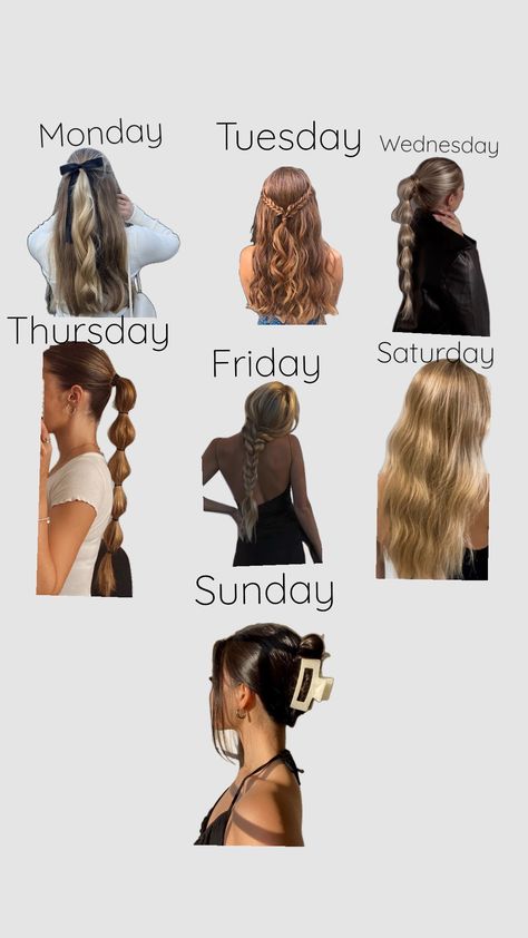 Hairstyles for the week Cute And Easy Hairstyles For Thick Long Hair, Hairstyles Of The Week For School, Easy Bed Hairstyles, 30 Days Hairstyles Challenge, Cute School Photo Hairstyles, Week Of Hairstyles For School, Hair Styles School Cute, Cute Disneyland Hairstyles, Day Of The Week Hairstyles