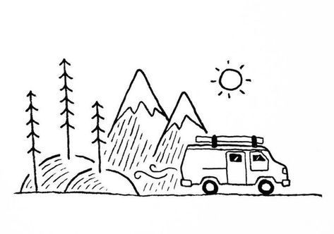 Vacation Doodles, Camper Drawing, Travel Booklet, Van Drawing, Travel Doodles, Let The Adventure Begin, Camping Camper, Travel Drawing, Simple Doodles