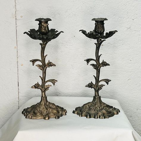 Add beauty to any tabletop with these whimsical wild flower cast metal candlesticks. Normal vintage wear and discoloration. Beautiful addition to French, farm house, English and traditional decor. Vintage Decor Items, Mantle Decor Vintage, Victorian Era Decor, Victorian Chic Decor, Witchy Chic Decor, All Black Home, Miscellaneous Items, Whimsy Home Decor, Goth Fairy Decor