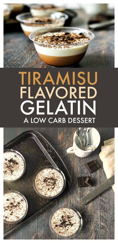 These tiramisu flavored gelatin desserts make for an easy, low carb sweet treat full of all those traditional tiramisu flavors.  Each dessert has only 2g net carbs with the added benefit of healthy gelatin! #tiramisu #lowcarb #lowcarbdessert #gelatin #lowcarbtiramisu #coffeedessert Tiramisu Flavors, Low Carb Tiramisu, Coffee Jello, Gelatin Desserts, Traditional Tiramisu, Tiramisu Recipes, Pudding Chia, Syrup Recipes, Coconut Jelly