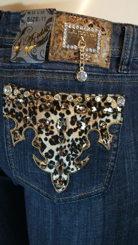 La Idol Leopard Print Bling Jeans. Omg I wear LA Idol pants, why have I not found these? Animal Print And Jeans Outfit, Bling Clothes, Bling Pants, Blinged Jeans, Badazzel Jeans, Bejeweled Jeans Y2k, Leopard Print Y2k Outfit, Cheetah Jeans, Bling Low Rise Jeans