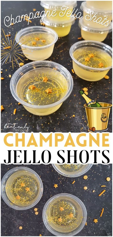 Golden Jello Shots, Party Appetizers New Years Eve, Champagne Shots Jello, Glitter Champagne Jello Shots, New Year’s Eve Party Apps, Jello Shot Recipes New Years Eve, Christmas Party Jello Shots, New Years Eve Party Food Appetizers, Nye Party Snacks