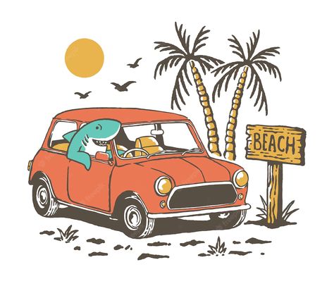 Shark Mascot, Hope Video, Camp Shirt Designs, Camping Icons, Artwork Inspiration, Beach Illustration, Vintage Pop Art, Driving Car, Boy Clothing