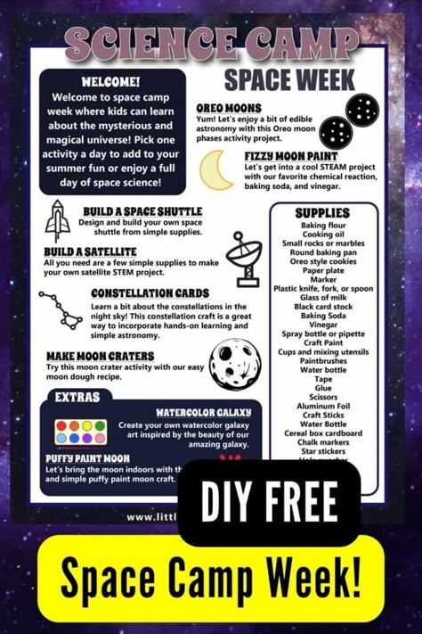 Space Summer Camp - Little Bins for Little Hands At Home Camp Ideas, Summer Camp Science Activities, Themed Summer Weeks, Home Summer Camp Ideas, Summer Camp Schedule, Summer Weekly Themes, Preschool Summer Camp Themes, Summer Camp Welcome Week Activities, Toddler Summer Camp Themes