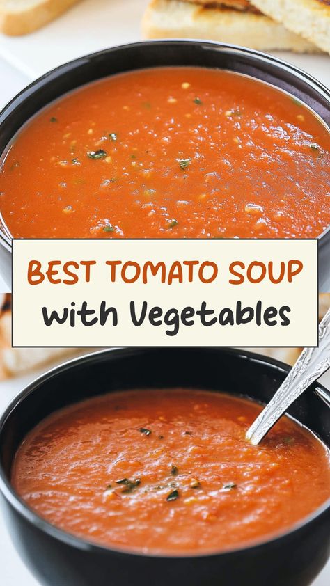 Indulge in the cozy comfort of a hearty bowl of tomato soup with vegetables. This classic dish is bursting with flavor and nutrients, making it the perfect choice for a nourishing and delicious meal. Whether you enjoy it as a starter or paired with your favorite crusty bread, this soup is sure to warm you up from the inside out. Treat yourself to the rich taste of ripe tomatoes combined with fresh and vibrant veggies for a satisfying dining experience. Tomato Veggie Soup, Tomato Vegetable Soup, Tomato Soup From Scratch, Soup With Vegetables, Best Tomato Soup, Soup Lovers, Tomato Soup Homemade, Roasted Tomato Soup, Tomato Soup Recipes