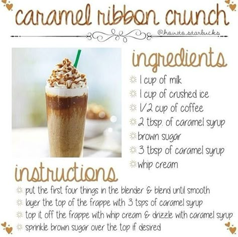 Diy Frappucino Caramel, Copycat Starbucks Caramel Ribbon Crunch, Carmel Ribbon Crunch Starbucks Copycat, Diy Frappucino, Caramel Ribbon Crunch Frappuccino Recipe, Caramel Ribbon Crunch Frappuccino, Ribbon Crunch Frappuccino, Caramel Ribbon Crunch, Caramel Shake