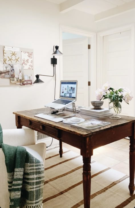 Office With Rug Under Desk, Tiny Den Ideas, Vintage Desk Styling, Flex Space Office, Nancy Myers Office, Desk Looking Out Window, California Casual Office, Desk In Small Living Room, Nancy Meyers Office Aesthetic