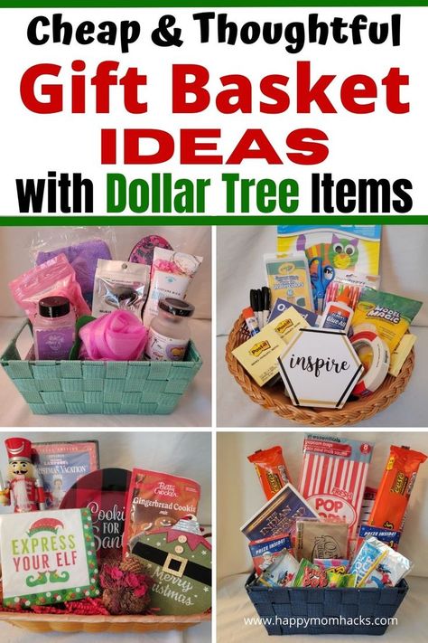 18 DIY Gift Basket Ideas from Dollar Tree that are thoughtful & affordable gifts to give friends and family. You'll be amazed what you can find at Dollar Tree to fill your gift baskets. Create baskets for women, men, and kids for Christmas, Birthdays, Mother's Day & Father's Day. With gift basket themes like Spa Day, Movie Night, BBQ, Bakers, Teachers Thank you, toy baskets & more. Find the perfect gift baskets your friends & family will love. Bae Baskets Dollar Tree, Spa Theme Basket, Diy Gift Baskets For Coworkers, Dollar Tree Auction Basket Ideas, Thank You Boxes Ideas, Movie Night Gift Basket For Kids, Diy Gift Baskets Dollar Tree, Dollar Tree Appreciation Gifts, Small Themed Gift Baskets