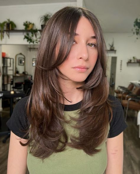 Front Layers On Medium Hair, Jaw Length Face Framing Layers, Layered Womens Haircuts, Fresh Layered Haircut, Haircuts For Egg Shaped Face, Haircut With Front Layers, Front Facing Layers, Slightly Layered Hair, Long Soft Layers With Face Framing