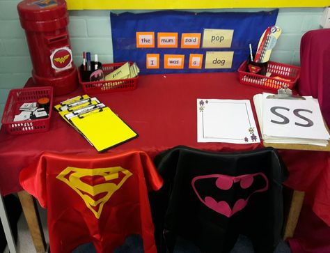 Today's writing enhancement / provocation :) Superhero writing area.. soon to be enhanced with superhero writing tools! :) #eyfs #writingstation #engagingwriting #boyswriting #eyfsprovocation #reception Writing Area Eyfs, Eyfs Superheroes, Superheroes Eyfs, Eyfs Environment, Batman Bathroom, Superhero Writing, Superhero Preschool, Eyfs Literacy, Superhero Ideas