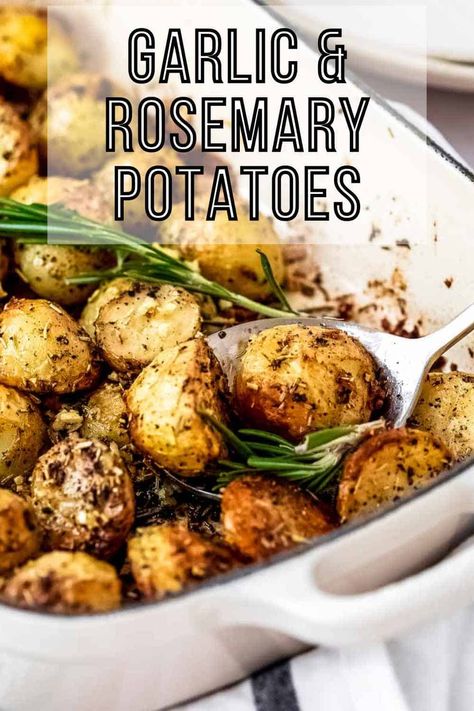 Make these Simple Garlic and Rosemary Potatoes for a flavorful and satisfying side. Crispy roasted potatoes with rosemary and garlic are tender and fluffy on the inside! So easy to make with simple ingredients, this is a delicious and versatile side dish. These potatoes go perfectly with all of your favorite main courses! #garlicandrosemarypotatoes #garlicrosemaryroastedpotatoes #roastedpotatoes #potatosidedishes #dizzybusyandhungry Roast Potatoes With Rosemary, Rosemary Baked Potatoes, Garlic And Rosemary Potatoes, Rosemary And Garlic Roasted Potatoes, Rosemary Lemon Potatoes, Herb Crusted Potatoes, Rosemary Potatoes Stovetop, Oven Rosemary Potatoes, Garlic And Herb Potatoes