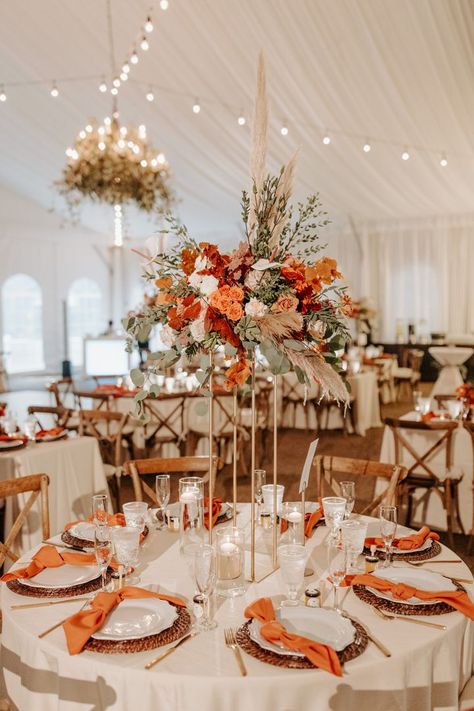 Tall centerpieces are some of our favorite pieces to design, especially when they feature bold colors & fun textures! Orange Wedding Centerpieces, Orange Wedding Themes, Fall Wedding Color Schemes, Fall Wedding Tables, Burnt Orange Weddings, Wedding Themes Fall, Fall Wedding Centerpieces, November Wedding, Fall Wedding Flowers