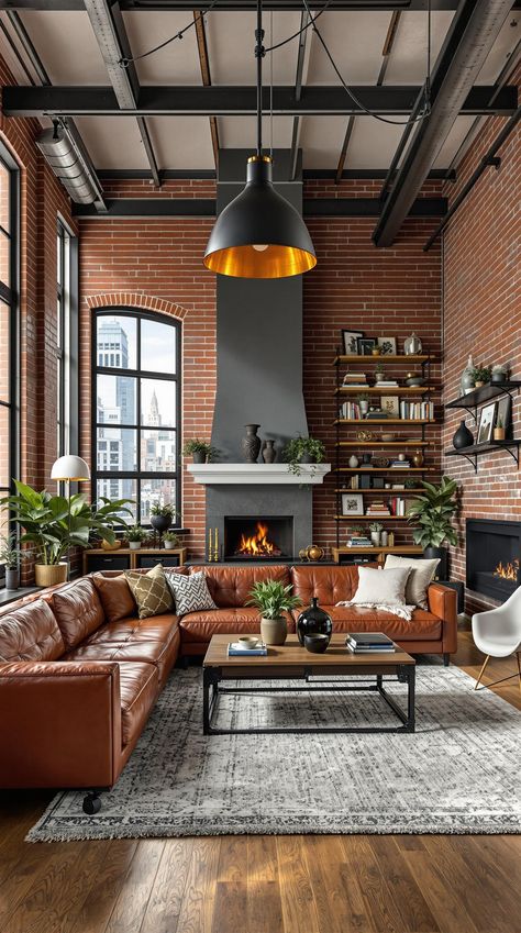 Industrial Farmhouse Living Room Warm Industrial Interior, Oversized Couches, Industrial Glam Living Room, Industrial Chic Living Room, Vintage Industrial Living Room, Industrial Backdrop, Industrial Lounge, Industrial Farmhouse Living Room, Spa Aesthetic