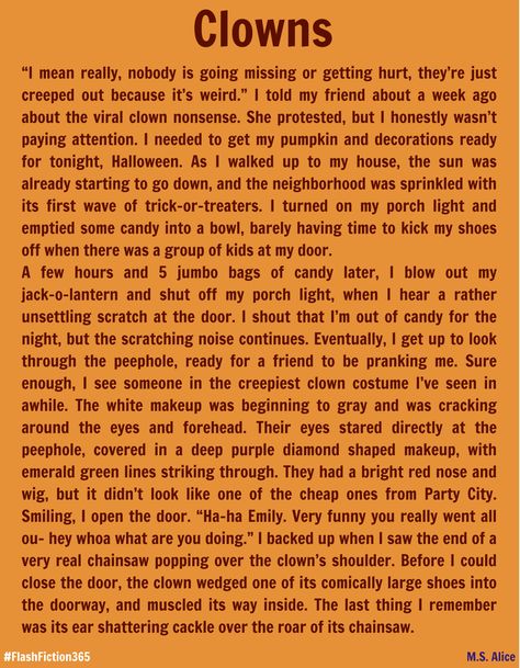 Flash Fiction #031 "Clowns" A story every day for a year! #ShortStory Flash Fiction Examples, Flash Fiction Stories, Birthday Makeup Looks, Fiction Story, Creeped Out, Fairytale Stories, Canvas Learning, Birthday Makeup, Fiction Stories