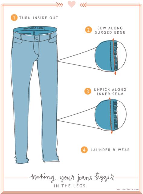 isly-tutorials-refashion-make-jeans-bigger Jean Refashion, How To Make Jeans, Refashioned Clothing, Sewing Pants, Sew Ins, Diy Clothing, Jeans Diy, Diy Stuff, Learn To Sew