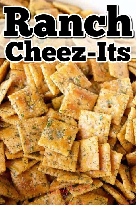 Ranch Cheez-Its - classic Cheez-It crackers covered in a butter ranch seasoning and baked until extra crispy and delicious! https://www.savoringthegood.com/homemade-seasoned-ranch-cheese-crackers/ Dilly Ranch Cheez Its, Ranch Seasoned Cheezits, Fiesta Ranch Crackers, Garlic Crackers Easy Recipes, Recipes Using Cheez Its, Flavored Cheez Its, Cheese Itz Recipes, Ranch Cheese Its, White Cheddar Cheez Its