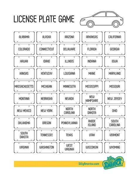 Free License Plate Game Printable, Road Trip License Plate Printable, Road Trip Bingo Adults, State License Plate Game Free Printable, License Plate Bingo, License Plate Game Printable Free Prints, Free Printable Road Trip Games, Road Trip Bingo Printable Free Prints, Road Trip Activities For Adults