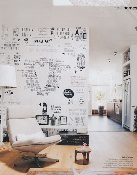 Writing On Wall, Loft Style Living Room, Newspaper Wall Art, Contemporary Wallpaper Designs, Text Wall, Interior Murals, Room Accent Wall, Wall Writing, Creative Living