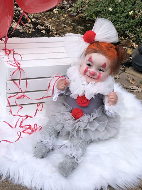 Baby Pennywise IT clown Halloween costume baby girl Baby Clown Costume Girl, Newborn Baby Girl Costumes Halloween, Baby It Costume Clown, It Baby Costume Clown, 1st Birthday Halloween Costume, Toddler Pennywise Costume Girl, Halloween Baby Costumes Girl, Baby 1st Halloween Costume Girl, 8 Month Halloween Costume Girl