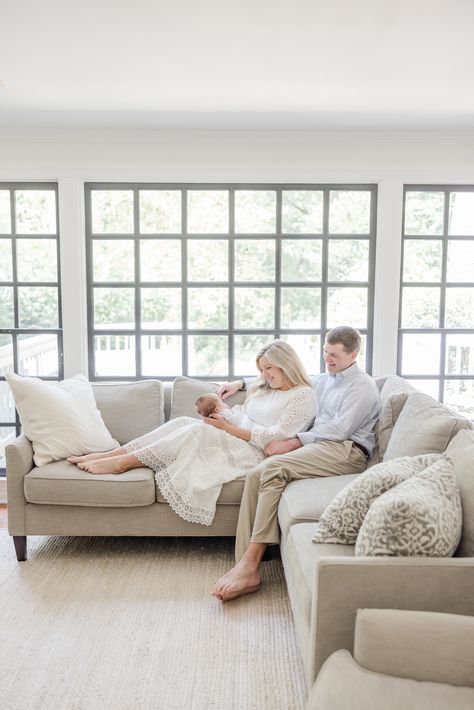 Atlanta At Home Newborn Photos in front of dramatic windows in living room. Lifestyle newborn photography posing. - mollyhensley.com Living Room Newborn Pictures, Windows In Living Room, Natural Newborn Photos, Home Newborn Photos, Baby Couch, Newborn Family Pictures, Lifestyle Shoot, Natural Newborn, Newborn Photography Poses