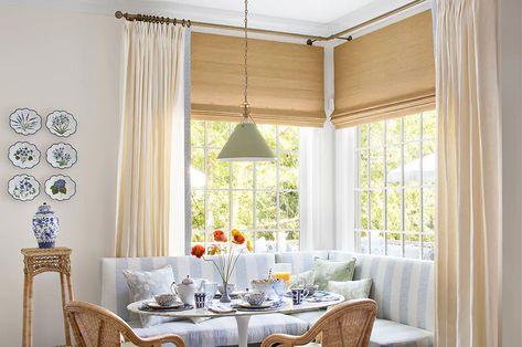 Corner Window Curtains: Solutions & Ideas | The Shade Store L Window Curtains, How To Dress Corner Windows, Corner Window Drapes, Corner Windows With Curtains, Dining Room Window Curtains, Corner Drapes, Corner Windows Living Room, Corner Windows Bedroom, Corner Window Ideas